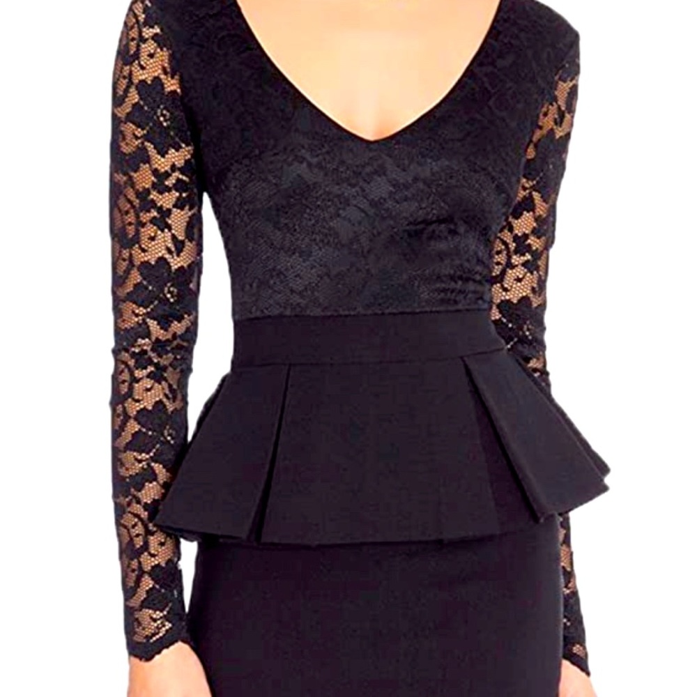 Woosea Black Lace Arm Peplum Dress Size L NEW